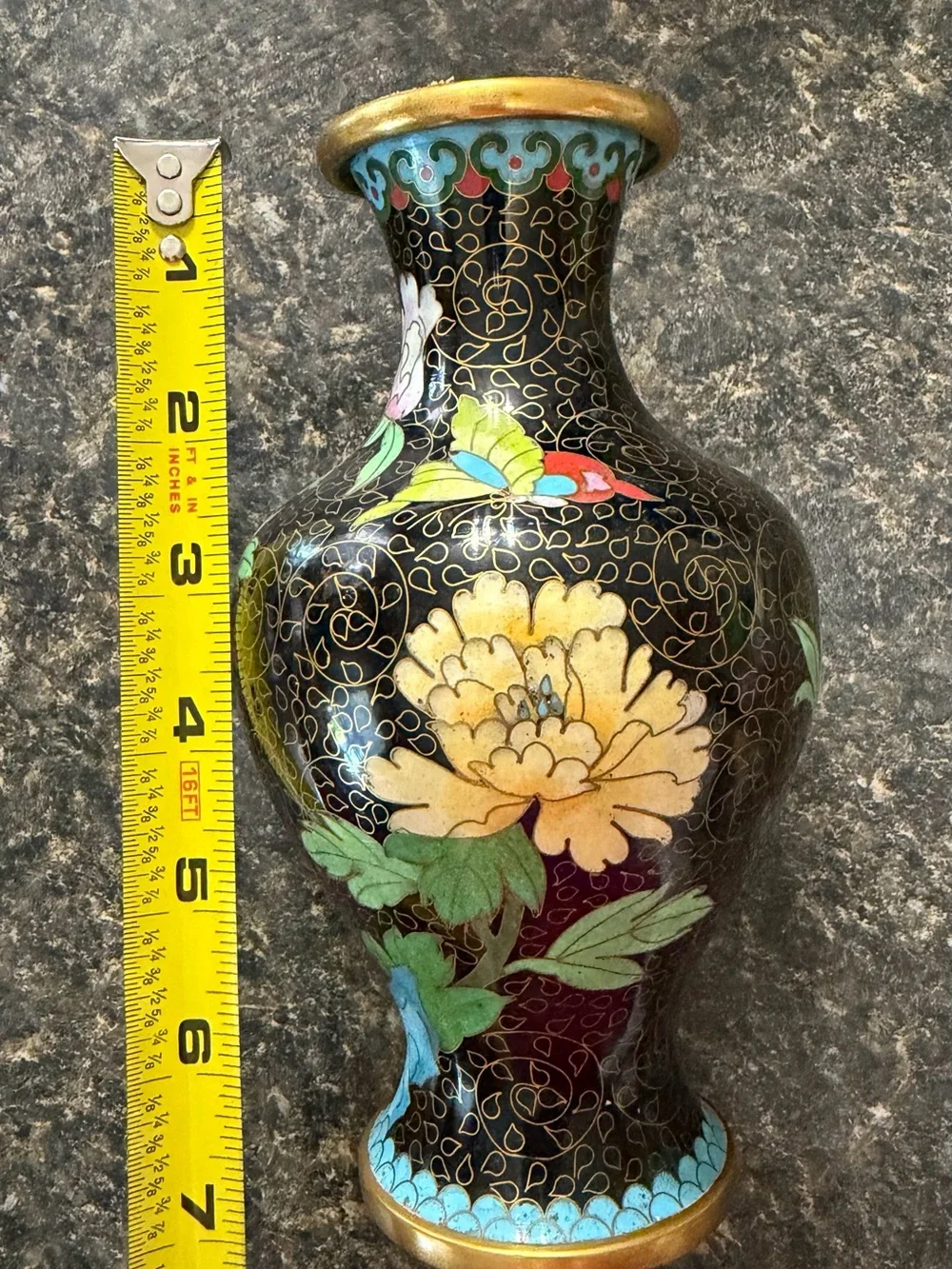 Black Cloisonné Vase with Floral & Butterfly Motif - Picture 4 of 6